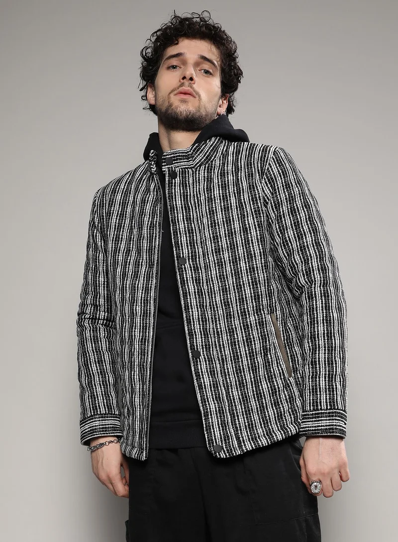 Campus Sutra Men's Black & White Multitrack Striped Quilted Jacket For Casual Wear | Mandarin Collar | Long Sleeve | Snap Button Closure | Jacket Crafted With Comfort Fit For Everyday Wear