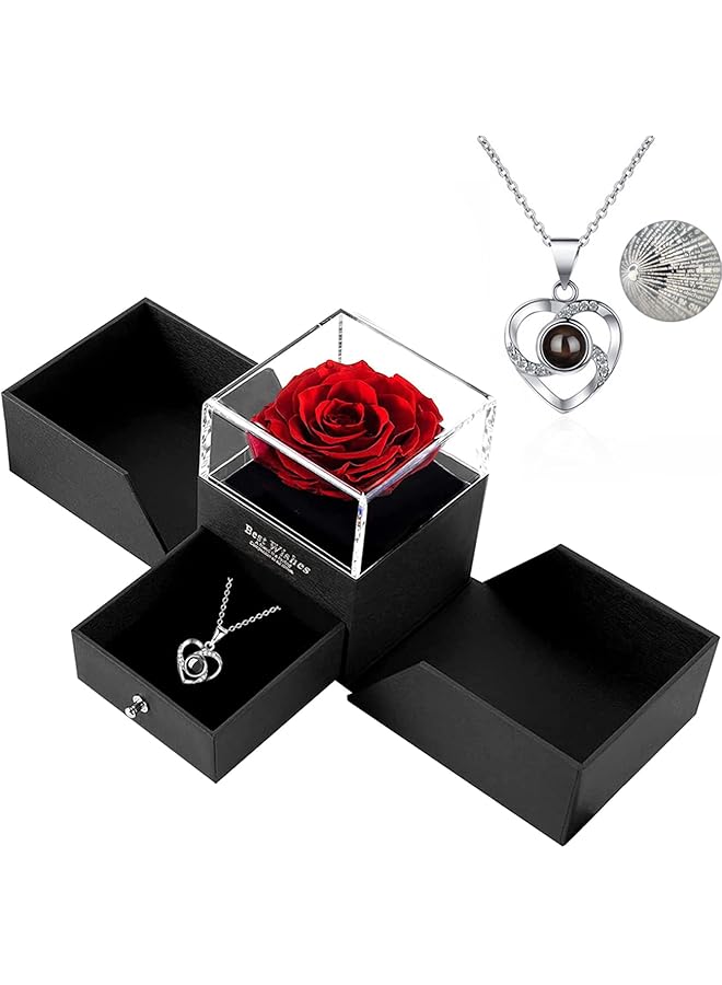 The Bros Artificial Flower Red Rose with I Love You Mom Necklace in 100 Languages Flowers Enchanted Rose Gifts for Mom from Daughter Son Christmas Mothers Day Valentines Day Birthday Bonus Mom Gifts - Image 1
