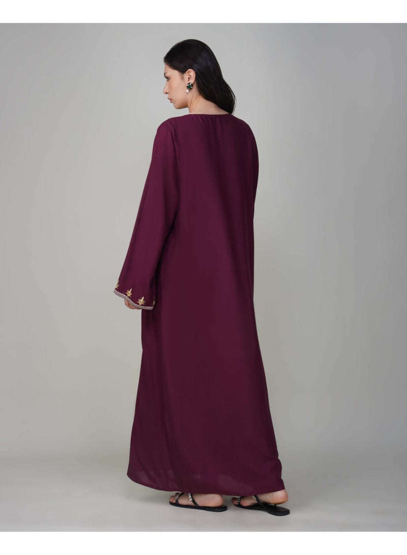 Linelle Ladies Solid Jalabiya – Maroon Full-Sleeve Rayon Dress with Embroidery Detailing on Neck and Sleeves - Image 5