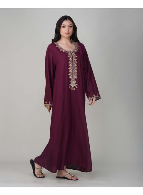 Linelle Ladies Solid Jalabiya – Maroon Full-Sleeve Rayon Dress with Embroidery Detailing on Neck and Sleeves