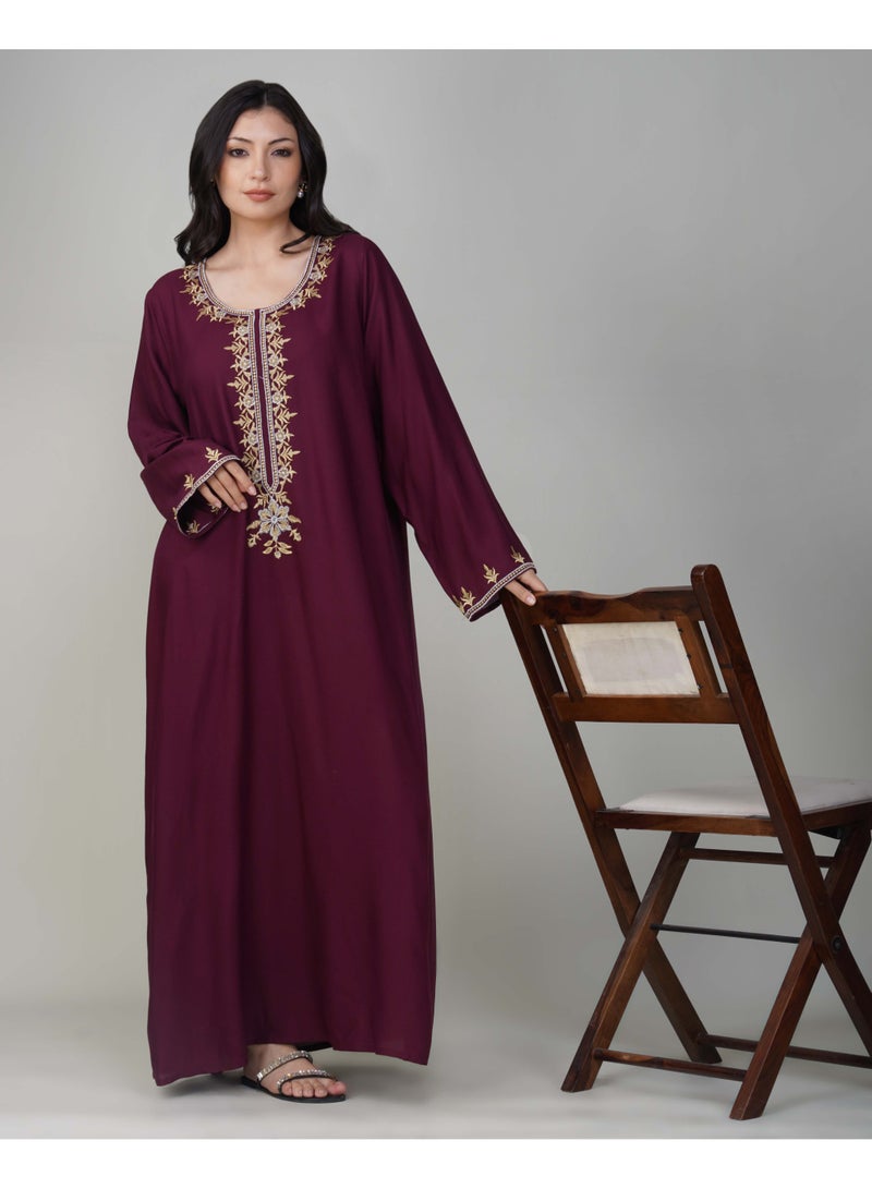 Linelle Ladies Solid Jalabiya – Maroon Full-Sleeve Rayon Dress with Embroidery Detailing on Neck and Sleeves - Image 4