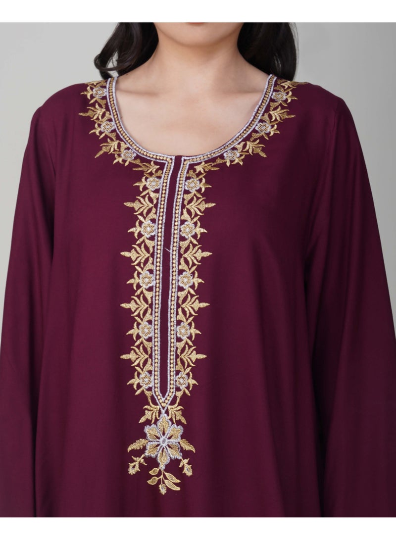 Linelle Ladies Solid Jalabiya – Maroon Full-Sleeve Rayon Dress with Embroidery Detailing on Neck and Sleeves - Image 2