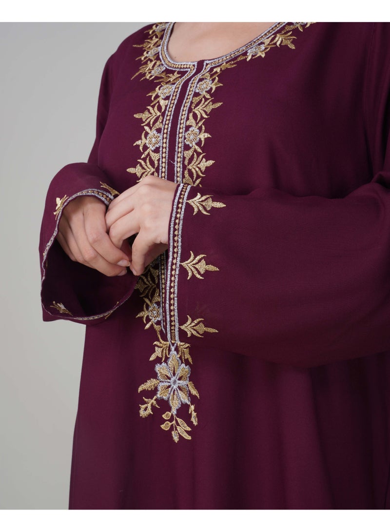 Linelle Ladies Solid Jalabiya – Maroon Full-Sleeve Rayon Dress with Embroidery Detailing on Neck and Sleeves - Image 3