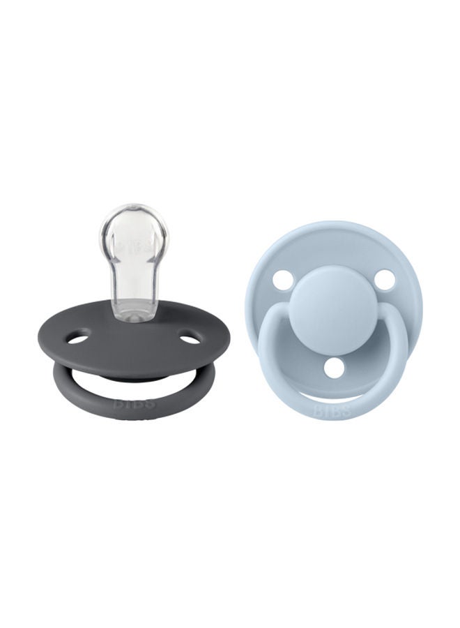 BIBS Pack of 2 De Lux Soother Bpa Free Dummy Pacifier, Round Silicone, Onesize 0 36 Months , Iron And Baby Blue