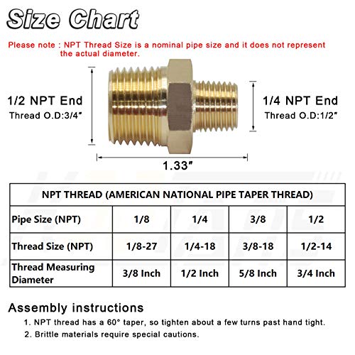 KOOTANS 1/2 NPT Male x 1/4 NPT Male Solid Brass Nipples, Heavy Brass Pipe Adapter Fittings Hex Reducing Nipples Connectors 4Pieces - Image 2