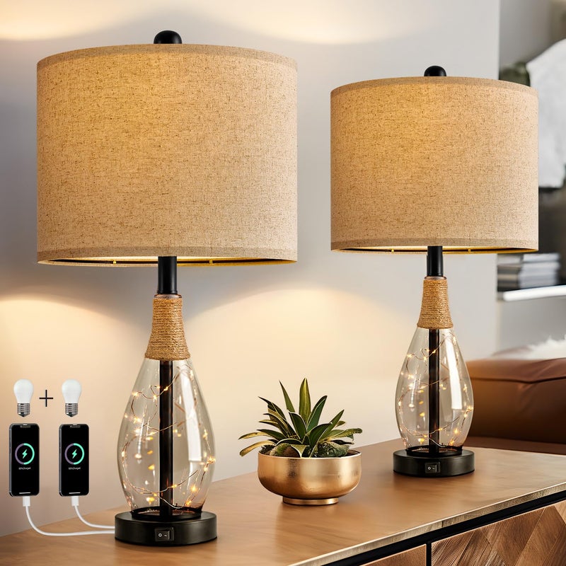 OYEARS 23" Table Lamps for Living Room Set of 2 Bedside Lamps for Night Stands Bedroom Lamps Farmhouse Rattan Boho Lamp Glass Nightlight End Table Lamp with USB C+A (Black),Two Light Points - Image 1