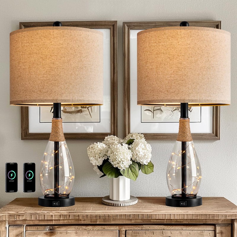 OYEARS 23" Table Lamps for Living Room Set of 2 Bedside Lamps for Night Stands Bedroom Lamps Farmhouse Rattan Boho Lamp Glass Nightlight End Table Lamp with USB C+A (Black),Two Light Points - Image 5