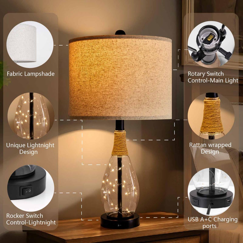 OYEARS 23" Table Lamps for Living Room Set of 2 Bedside Lamps for Night Stands Bedroom Lamps Farmhouse Rattan Boho Lamp Glass Nightlight End Table Lamp with USB C+A (Black),Two Light Points - Image 4