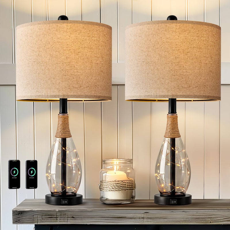 OYEARS 23" Table Lamps for Living Room Set of 2 Bedside Lamps for Night Stands Bedroom Lamps Farmhouse Rattan Boho Lamp Glass Nightlight End Table Lamp with USB C+A (Black),Two Light Points - Image 2