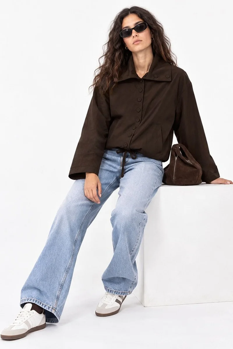 هيكاب Oversized Button-Up Trench Coat with Stand Collar