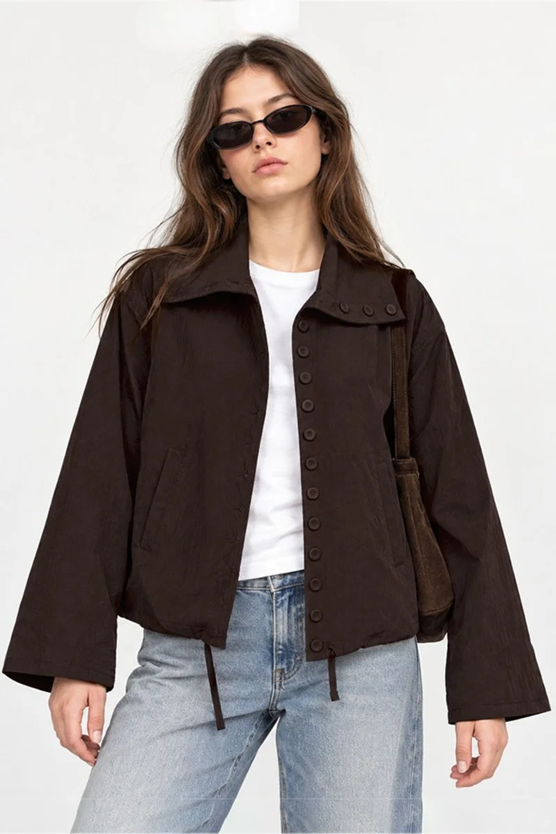 هيكاب Oversized Button-Up Trench Coat with Stand Collar