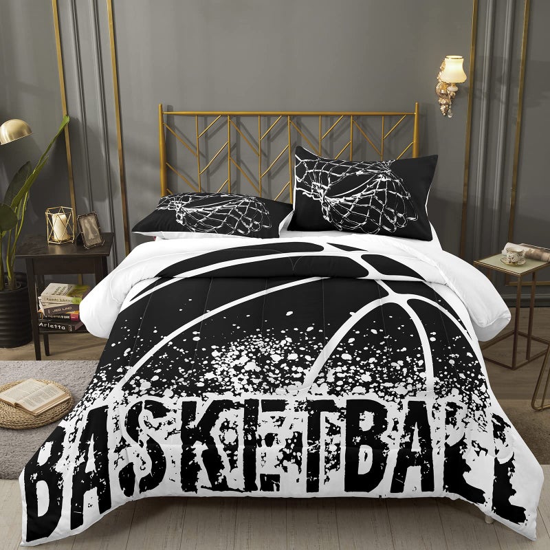 Bodhi Teen Boys Bedding Set  Twin Size Basketball Comforter Set with Matching Pillowcase Black and White Color