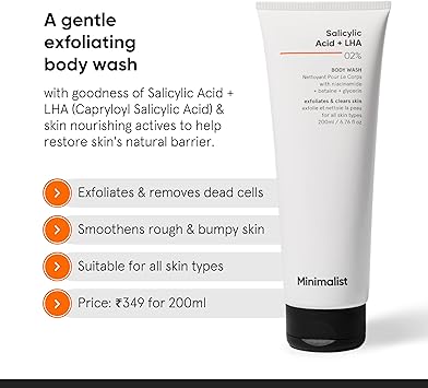 MINIMALIST Minimalist 2 Salicylic Acid LHA Body Wash For Body Acne Uneven Rough Bumpy Skin Sulphate SLS Dye Fragrance Free Shower Gel For Women Men 200 ml - Image 2