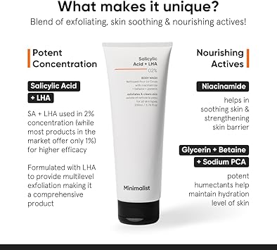 MINIMALIST Minimalist 2 Salicylic Acid LHA Body Wash For Body Acne Uneven Rough Bumpy Skin Sulphate SLS Dye Fragrance Free Shower Gel For Women Men 200 ml - Image 4