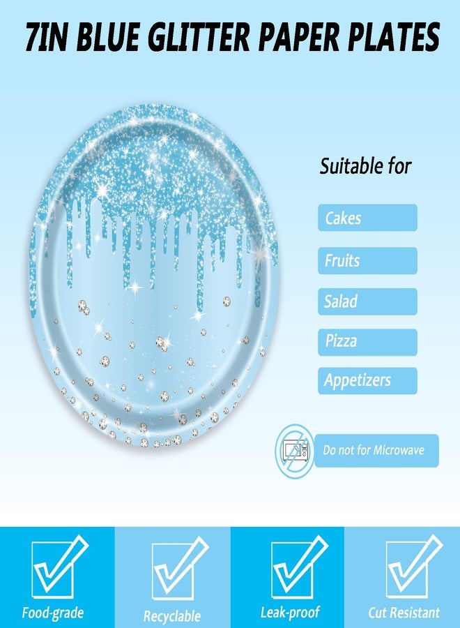 LYFREE 72 Pcs Blue Glitter Paper Plates 7in Disposable Paper Dessert Plates Napkins and Forks Party Tableware Set Decoration Supplies for Baby Shower, Christmas Blue Birthday Wedding Theme Party, Serve 24 - Image 3