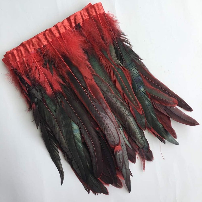 Sowder Rooster Hackle Feather Fringe Trim 10-12inch in Width Pack of 1 Yard (Red&Black) - Image 3