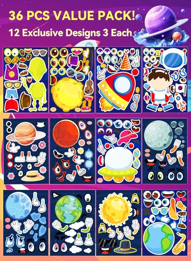 Ozepao 36 Pcs Outer Space Make-A-Face Sticker Sheets | Mix & Match Space Party Favors for Kids | Space Party Decorations, Crafts & Activities - Image 2