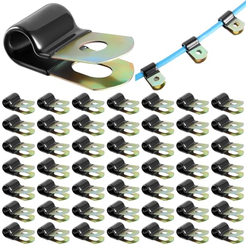 Tandefio 50 Pack Vinyl Coated Cable Clamps Galvanized Steel Cable Metal Wire Rubber Cushioned Insulated Hose Pipe Clamp for Tube Lines Wire Cord Installation(1/4 Inch, 6mm) - Image 1