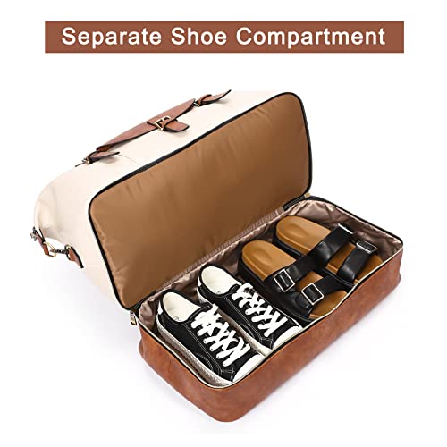 CLUCI Weekender Bag for Women Leather Large Overnight Travel Duffel Bag with Shoe Compartment Beige with Brown - Image 5