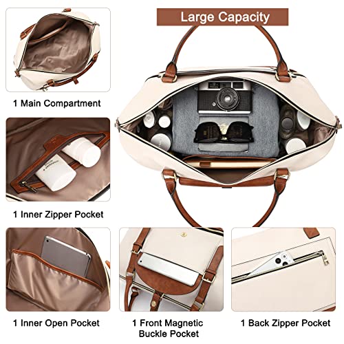 CLUCI Weekender Bag for Women Leather Large Overnight Travel Duffel Bag with Shoe Compartment Beige with Brown - Image 4