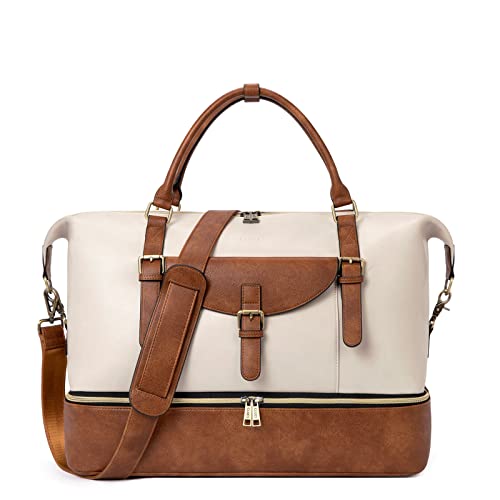 CLUCI Weekender Bag for Women Leather Large Overnight Travel Duffel Bag with Shoe Compartment Beige with Brown - Image 1