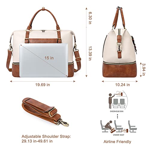 CLUCI Weekender Bag for Women Leather Large Overnight Travel Duffel Bag with Shoe Compartment Beige with Brown - Image 3