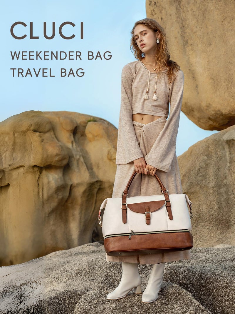 CLUCI Weekender Bag for Women Leather Large Overnight Travel Duffel Bag with Shoe Compartment Beige with Brown - Image 2
