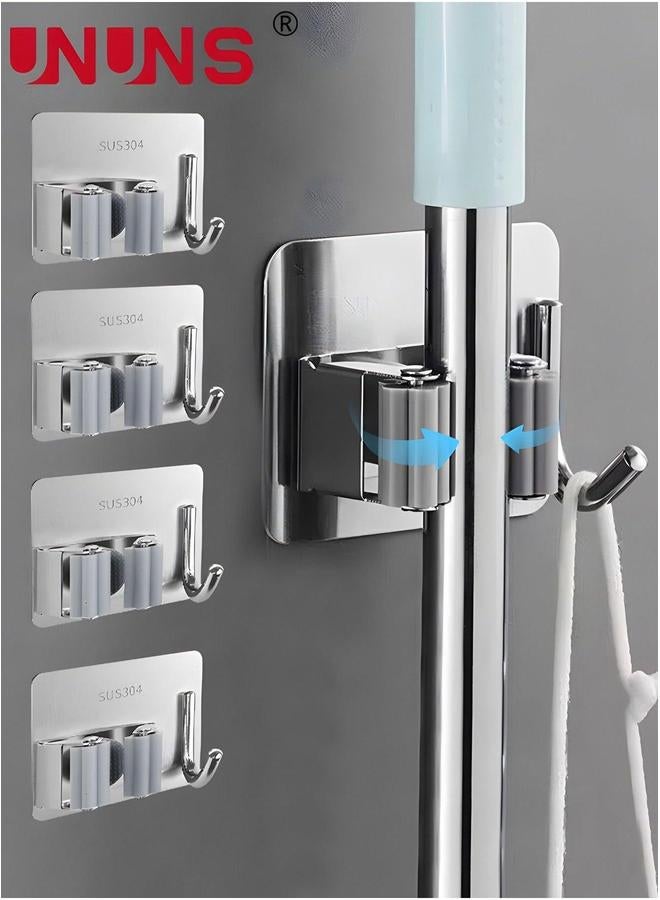 UNUNS Mop Holder With Hook,5Pcs Adhesive SUS304 Stainless Steel And Broom Organizer,Wall Mounted Heavy Duty For Bathroom,Kitchen,Office  - Image 1