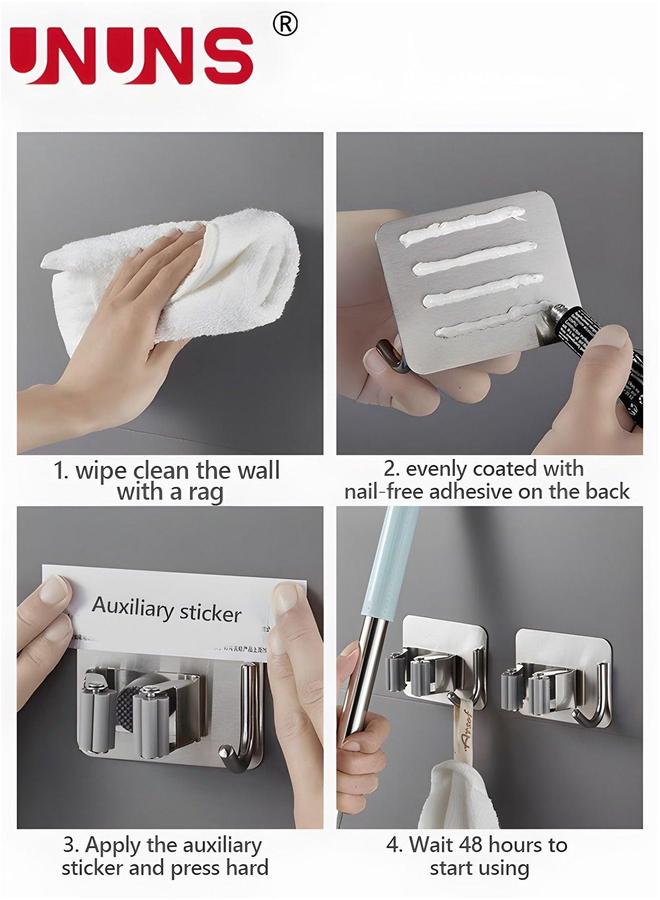 Mop Holder With Hook,5Pcs Adhesive SUS304 Stainless Steel And Broom Organizer,Wall Mounted Heavy Duty For Bathroom,Kitchen,Office