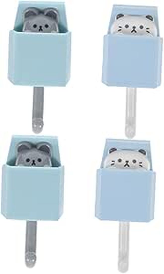 4 Pcs Cartoon Cat Adhesive Wall Hooks Strong Key Holder And Coat Hanger For Bathroom Home Decor Non Damage Wall Mount Light Blue Gray - Image 1