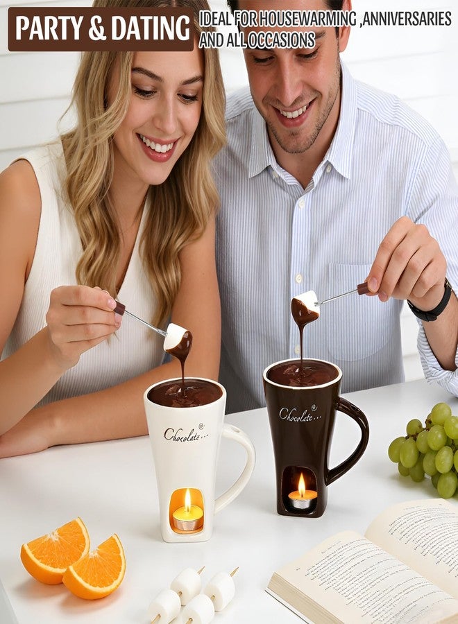VAlinks 2 Pack Fondue Pot Ceramic Mini Chocolate Fondue Mugs Set with Forks Personal Porcelain Melting Cups for Caramel，Cheese, Butter, Suitable for Home Party Dating Gifts (White & Brown) - Image 5