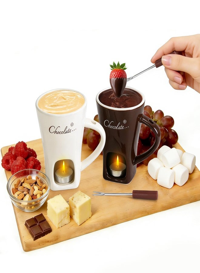 VAlinks 2 Pack Fondue Pot Ceramic Mini Chocolate Fondue Mugs Set with Forks Personal Porcelain Melting Cups for Caramel，Cheese, Butter, Suitable for Home Party Dating Gifts (White & Brown) - Image 2