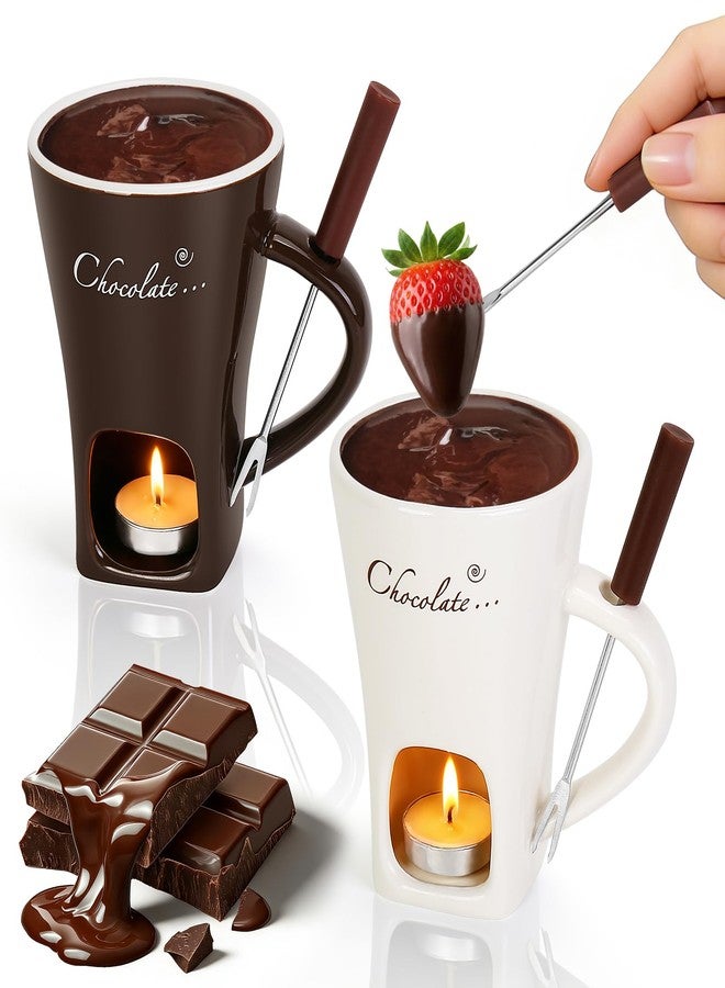 VAlinks 2 Pack Fondue Pot Ceramic Mini Chocolate Fondue Mugs Set with Forks Personal Porcelain Melting Cups for Caramel，Cheese, Butter, Suitable for Home Party Dating Gifts (White & Brown) - Image 1