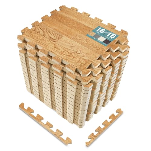 Sorbus Wood Grain Floor Mats Foam Interlocking Mats Each Tile 1 Square Foot 38Inch Thick Flooring Wood Mat Tiles Home Office Playroom Basement Trade Show 16 Tiles16 Sq ft Wood Grain Pine - Image 1