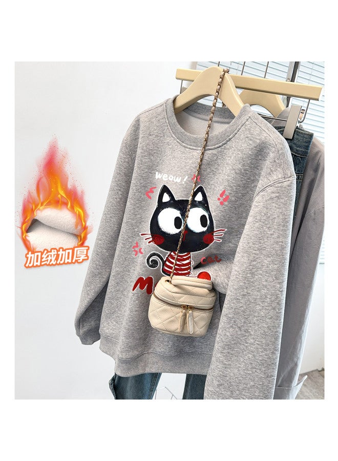 TonLion Cartoon Cat Print Round Neck Sweatshirt Women 2025 New Winter Fleece-Lined Thickened Loose Casual Petite Tops - Image 2
