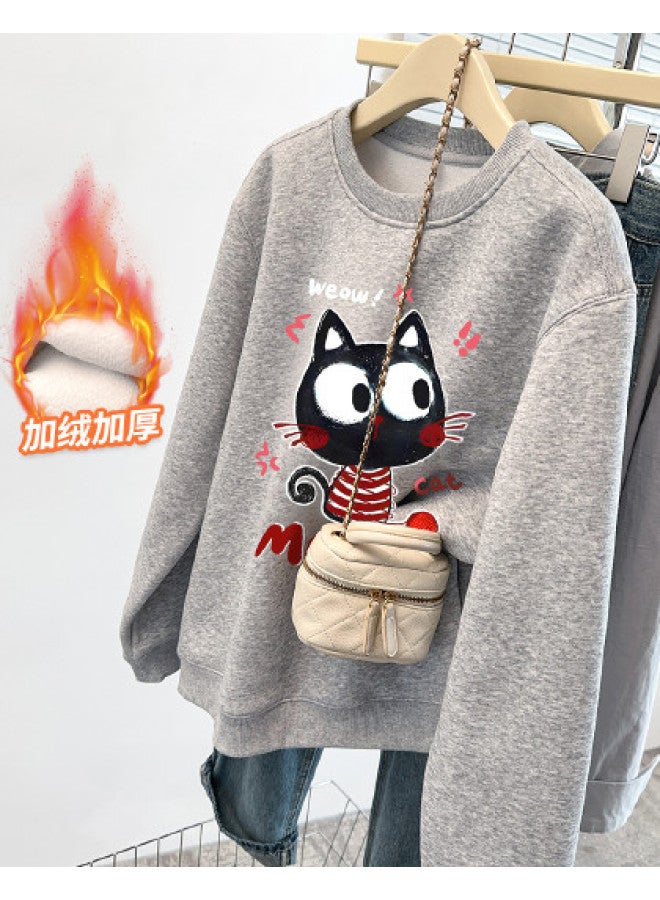 TonLion Cartoon Cat Print Round Neck Sweatshirt Women 2025 New Winter Fleece-Lined Thickened Loose Casual Petite Tops - Image 1