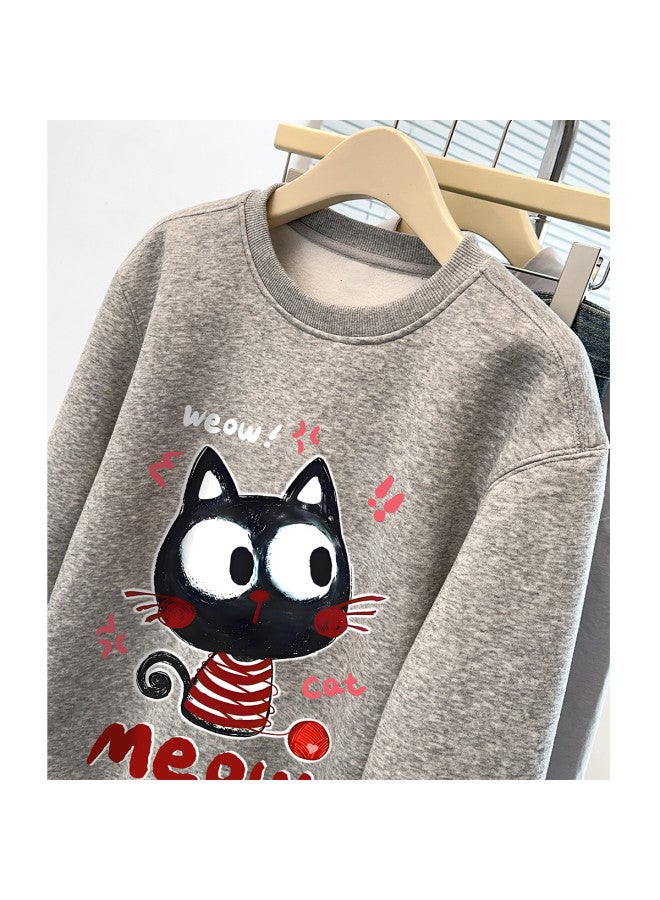 TonLion Cartoon Cat Print Round Neck Sweatshirt Women 2025 New Winter Fleece-Lined Thickened Loose Casual Petite Tops - Image 5