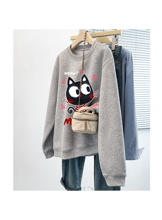 TonLion Cartoon Cat Print Round Neck Sweatshirt Women 2025 New Winter Fleece-Lined Thickened Loose Casual Petite Tops - Image 3