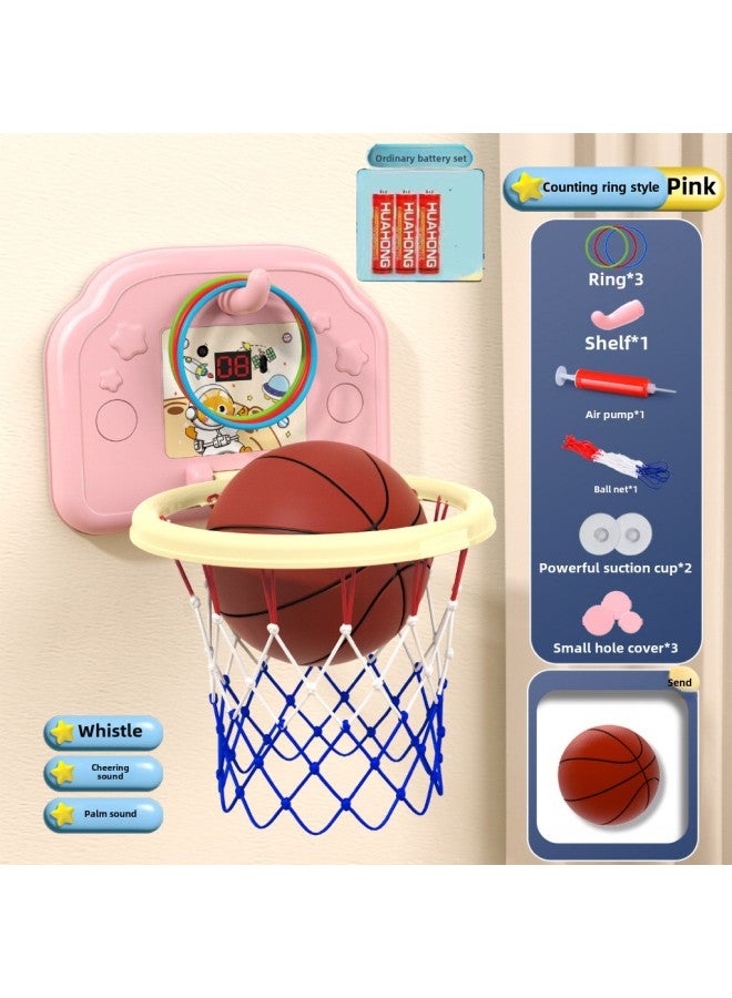 Children's Hanging Basketball Board Indoor And Outdoor Punch-Free Foldable Scoring Shooting Rings Kindergarten Basketball Toys-Color:[scoring Ring Ordinary Battery Version] Pink Space Cat (free Basketball + 3 Rings + Pump + Suction Cup)-Diameter:5 Basketballs  - Image 1