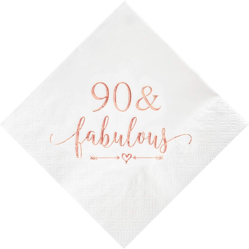 Crisky 90 and Fabulous Cocktail Napkins Rose Gold for Women 90th Birthday Decorations 90th Birthday Bevergae Dessert Cake Table Supplies 50Pcs 3Ply - Image 1