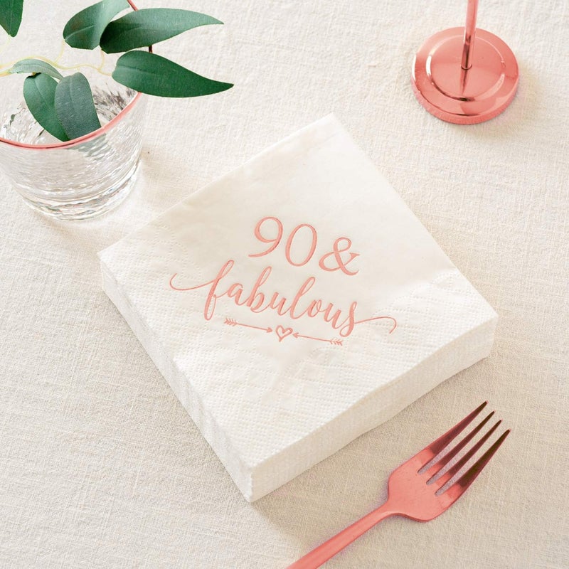 Crisky 90 and Fabulous Cocktail Napkins Rose Gold for Women 90th Birthday Decorations 90th Birthday Bevergae Dessert Cake Table Supplies 50Pcs 3Ply - Image 3