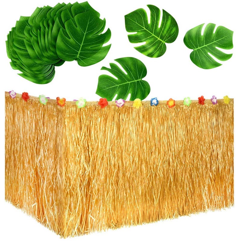 Jackcell Jackcell Luau Grass Table Skirt 9ft for Hawaiian Party Moana Theme Tropical Birthday Party Babyshower Decorations SuppliesDrop artificial Table Skirt with 12 pcs Palm Leaves Grass Yellow 
