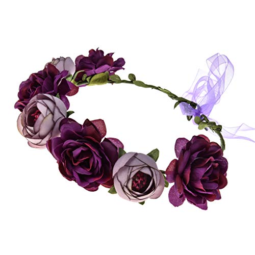 June Bloomy Women Rose Floral Crown Hair Wreath Leave Flower Headband with Adjustable Ribbon (Purple) - Image 2