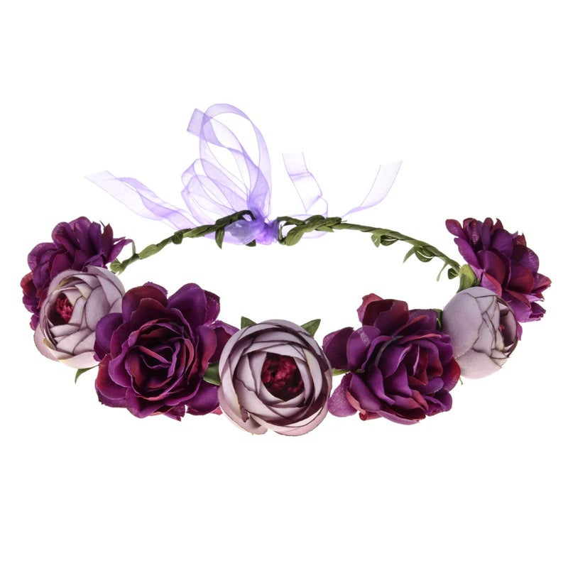 June Bloomy Women Rose Floral Crown Hair Wreath Leave Flower Headband with Adjustable Ribbon (Purple) - Image 5