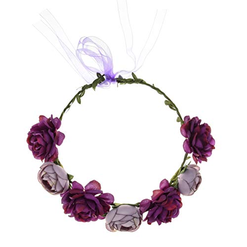June Bloomy Women Rose Floral Crown Hair Wreath Leave Flower Headband with Adjustable Ribbon (Purple) - Image 3