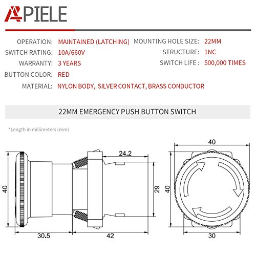 APIELE 22mm NC Red Mushroom Emergency Stop Push Button Switch 600V 10 Amp XB2-01ZS - Image 2