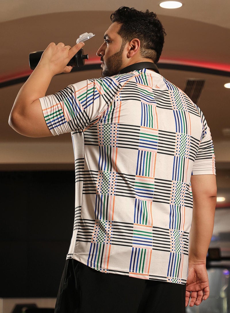 Instafab Plus Men's Ivory White Lines Activewear T-Shirt  - Image 3