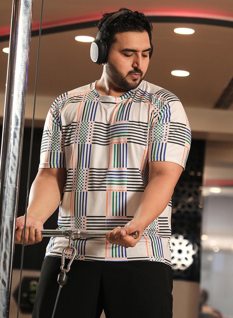 Instafab Plus Men's Ivory White Lines Activewear T-Shirt  - Image 1