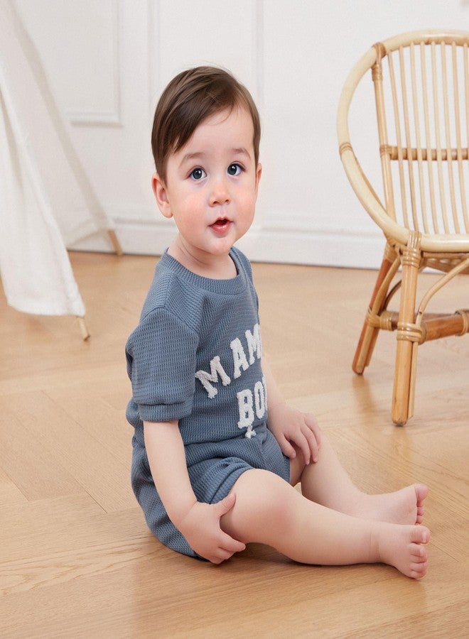 Douhoow Baby Boy Summer Outfits Short Sleeve Mamas Boy Little Dude Embroidery Boy Romper Shorts Set Infant Waffle Clothes (Light Blue, 0-3 Months) - Image 4