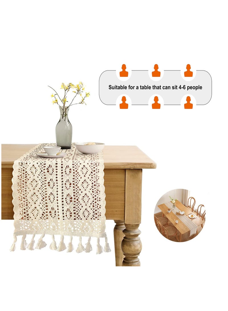 KHAJUL Cotton Boho Table Runner Wedding Table Cover Crochet Table Cloth with Tassels Tablecloth Wallpaper Home Dining Decor  Beige 24x180cm - Image 3